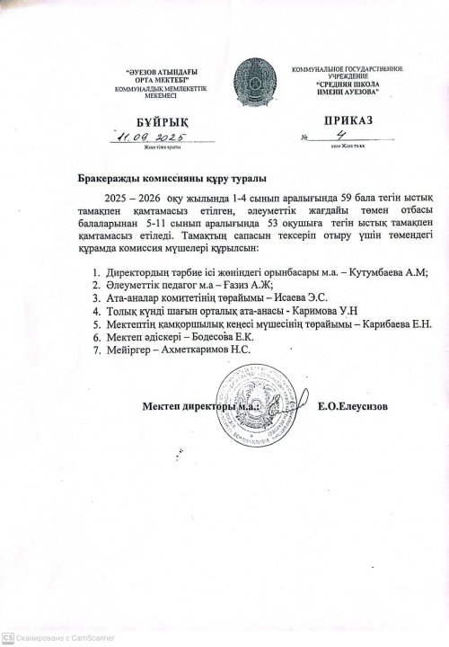Бракеражды комиссия бұйрық, Жұмыс жоспары, Бракеражды комиссия АКТ