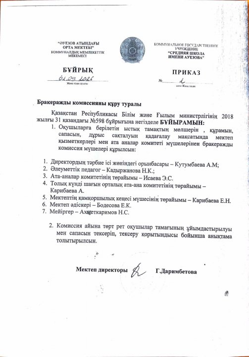 Бракераж комиссиясын құру туралы бұйрық